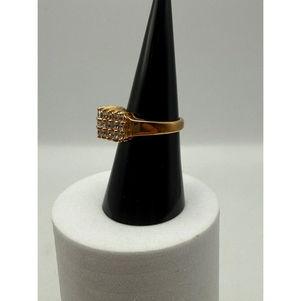 Gold Tone Triple Row Clear Cubic Zirconia Pave Cocktail Ring Size 7.25
